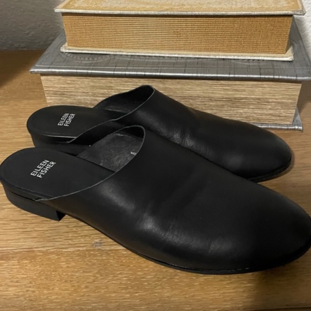 Eileen Fisher leather mules, black, size 10